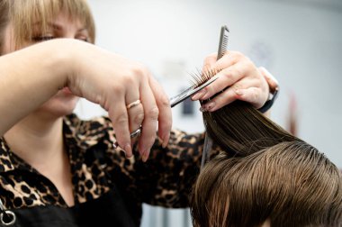 Yetenekli bir kuaför, iyi aydınlatılmış bir kuaförde müşterinin saçını detaylara dikkat ederek şekillendirir. Atmosfer canlı, saç bakımındaki yaratıcılığı ve profesyonelliği yansıtıyor..