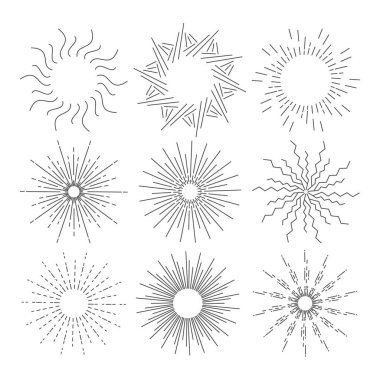 Sunburst seti, Star set koleksiyonu, havai fişek patlaması, logo, amblem, etiket. Vektör İllüstrasyonu. Güneş ışınları püsküren bohem sembolü. Işık ışınları çizgisi sanatı, Güneş patlaması simgesi radyal soyut güneş ışınları vektörü