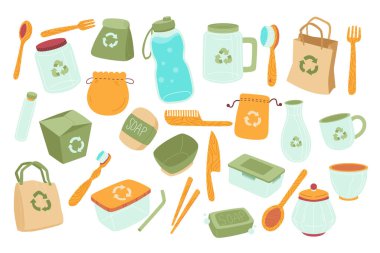 Sıfır Atık Yaşam Element Koleksiyonu, Eko tarzı. Plastik yok. Yeşile git. Ahşap aletler. Geri Dönüşümü El Tarzı ile Azalt. Etiketli tarak, torba, kutu, saman, bıçak, çatal, şişe vs..