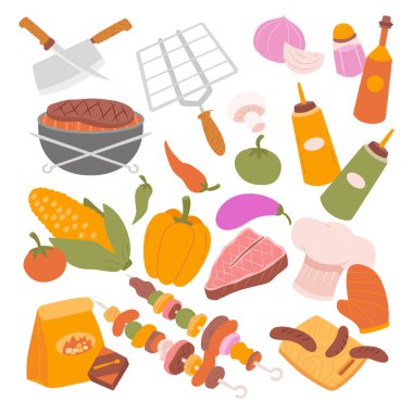 Barbekü ögeleri kümesi koleksiyon vektörü düz illüstrasyonunu ayarlayın. Izgara, şiş, sosis, et, baharat, tavuk ve et pişirme aletleri beyaz üzerine izole edilmiş.