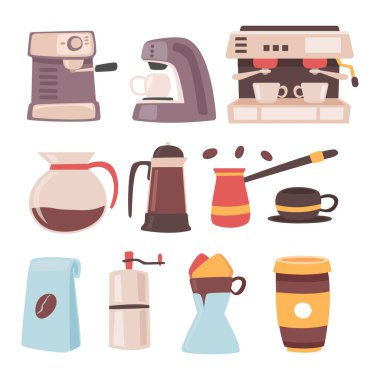 Kahve demleme metodları, ekipman seti koleksiyonu, demleme ve servis için element kahve kapları, izole vektör klipleri. El çizimi çizimleri. Kahve makinesi, Türkçe.