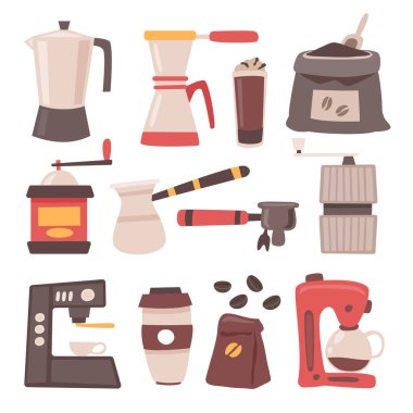 Kahve demleme metodları, ekipman seti koleksiyonu, demleme ve servis için element kahve kapları, izole vektör klipleri. El çizimi çizimleri. Kahve makinesi, Türkçe.