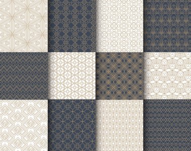 Art Deco Patter Koleksiyonu, Art Deco Döşeme Çerçevesi. Dekoratif süs kenarlığı olan vektör illüstrasyon seti, davet şablonu için geometrik tasarım, klasik düğün, el ilanı, poster, etiket