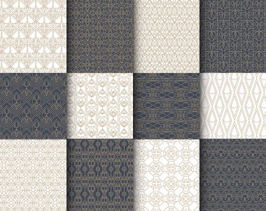 Art Deco Patter Koleksiyonu, Art Deco Döşeme Çerçevesi. Dekoratif süs kenarlığı olan vektör illüstrasyon seti, davet şablonu için geometrik tasarım, klasik düğün, el ilanı, poster, etiket