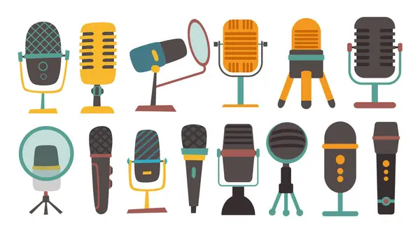 Retro Vintage Podcast ekipmanları ya da araç gereçleri seti, harika paket. 70 'ler, 80' ler, 90 'lar tarzında vintage Objects Etiketi. Mikrofonları, mikseri, kulaklığı ve hoparlörü olan düz çizimler