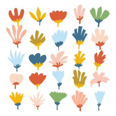 Renkli düz bir şekilde el çizimi çiçek karalamaları. Bahar için mükemmel, çocuk projeleri, çıkartmalar, davetiyeler ve eğlenceli grafik tasarımı. Vektör illüstrasyonu.