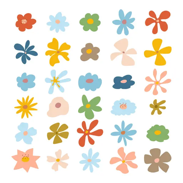 Renkli düz bir şekilde el çizimi çiçek karalamaları. Bahar için mükemmel, çocuk projeleri, çıkartmalar, davetiyeler ve eğlenceli grafik tasarımı. Vektör illüstrasyonu.