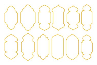 Müslüman dekorasyon etkinliği için İslami Çerçeve sınırı seti, simge element koleksiyonu. Cami Sınırı, afiş, ilan ya da poster Ramazan, hac ya da adha için uygun. Vektör İllüstrasyonu