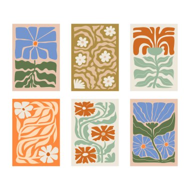 Tropic Flower Blocks Set Collection, renkli bitki örtüsü elementleriyle klasik çiçek seti. Bitkilerin doğası. Modern 90 'lar Retro psychedelic Style, uygun düğün davetiyesi sanat posteri