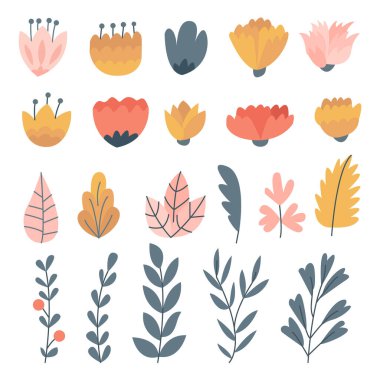 Bahar Çiçeği Kümesi Koleksiyonu, Renkli çiçek desenli Vintage Çiçek Yaprağı. Bitkilerin bahçesi. El çizimi Düz Biçim, düğün davetiyesi veya pankart şablonu için uygun