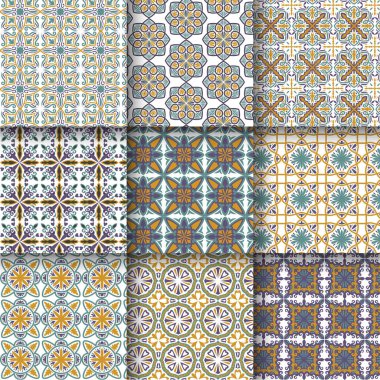 Fas desenli koleksiyon seti, Lizbon çiçekli mozaik, Akdeniz lekesiz lacivert süs. Geometrik Soyut Sanat Arabesk Mozaiği, Fas Çiçek Vektör Döşemesi Kusursuz Desen.