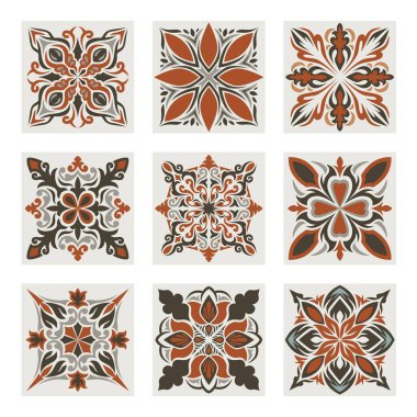 Fas fayans desenli koleksiyon seti, Fas Çiçeği, Lizbon çiçekli mozaik, Akdeniz dikişsiz lacivert süs. Geometrik soyut sanat arabesk mozaiği, vektör illüstrasyonu