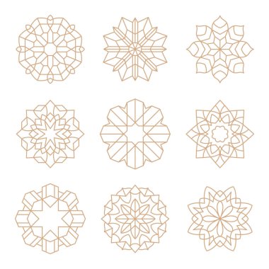 İslami Arap geometrik çizgi simgeleri seti altın olarak dizildi. Lüks markalaşma için mükemmel, Müslüman dekor mandala, kutsal semboller, ya da kültürel tasarım varlıkları. Geleneksel Arabesk formundan esinlenilmiştir.
