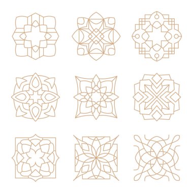 İslami Arap geometrik çizgi simgeleri seti altın olarak dizildi. Lüks markalaşma için mükemmel, Müslüman dekor mandala, kutsal semboller, ya da kültürel tasarım varlıkları. Geleneksel Arabesk formundan esinlenilmiştir.