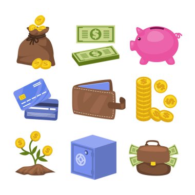 Para elementleri domuz kumbarası, kredi kartı, para çantası, bozuk para yığını, cüzdan, ağaç paraları, para valizleri, zenginlik vektörü çizimi için yatırım