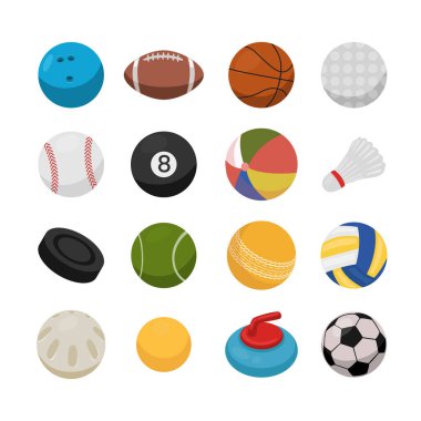 Polo, Basketbol, Plaj, Wiffle, Tenis, Bossaball, Futbol, Voleybol, Futbolla İzole Edilmiş Element Objeleri. Oyun Yarışması. Düz Biçim Simge Vektörü İllüstrasyonu