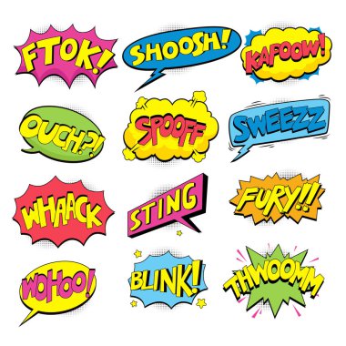 Yarım tonlu gölgeler ve yıldızlarla el çizimi pop sanat tarzında retro komik konuşma baloncukları. Çizgi filmler, çizgi romanlar, sosyal medya ve retro tasarımlar için mükemmel. Çeşitli şekil ve ifadeleri içerir.