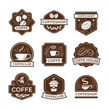 Antika kahve logosu ya da amblem seti, kafe ya da restoran için retro kupa tasarım şablonu. Şirket markası. Klasik kahve etiketi, klasik kahverengi. Beyaz arkaplanda izole.