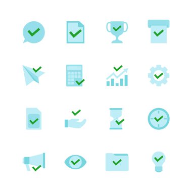 İnce çizgi ana hatlı Onaylama Denetimi simgesi seti koleksiyonu. Simgeler onay işareti koyuyor, sembolü onayla. Etiketli balon, not, kupa, uçak, hesap makinesi, el, hoparlör, saat, zaman, lamba