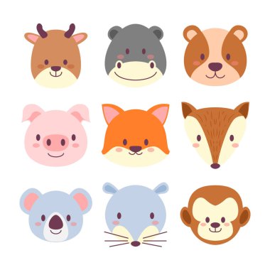 Sevimli Hayvan Kafa Çizgi Filmi Koleksiyonu. Geyik, Gergedan, Ayı, Domuz, Tilki, Koala, Fare ve Maymun Koleksiyonu ile Vahşi Yaşam Avatar Emoji 'si. Fauna Düz Biçim Simge Vektörü İllüstrasyonu