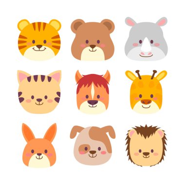 Sevimli Hayvan Kafa Çizgi Filmi Koleksiyonu. Vahşi Yaşam Avatar Emoji ile Tiger, Bear, Rhino, Cat, Horse, Zürafa, Tavşan, Köpek ve Kirpi Koleksiyonu. Fauna Düz Biçim Simge Vektörü İllüstrasyonu