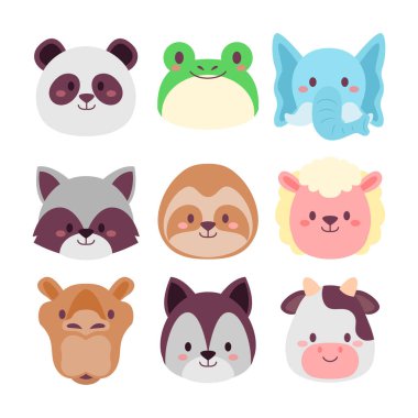 Sevimli Hayvan Kafa çizgi filmi seti. Kurt, Fil, Koyun, İnek, Yavaş Loris, Panda, Rakun, Deve ve Kurbağa ile Vahşi Yaşam Avatar Emoji. Tahsilat. Düz Biçim Simge Vektörü İllüstrasyonu