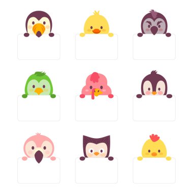 Sevimli Hayvan Kafa çizgi filmi seti. Boş Metin Kutusu Afişi. Flamingo, Black Bird, Chicken, Chick, Baykuş, Türkiye, Penguen Koleksiyonu ile Vahşi Yaşam Avatar Emoji 'si. Fauna Düz Biçim Simge Vektörü İllüstrasyonu