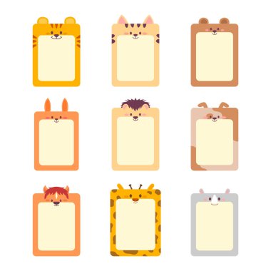 Sevimli Hayvan Başı Çizgi Filmi Boş Mesaj Kutusu Afişi. Vahşi Yaşam Avatar Emoji ile Tiger, Bear, Rhino, Cat, Horse, Zürafa, Tavşan, Köpek ve Kirpi. Tahsilat. Düz Biçim Simge Vektörü İllüstrasyonu