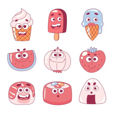 Sevimli Japon Yemek Çizgi Filmleri Koleksiyonu. Klasik Retro Groovy Karakteri Çizgi Roman Avatar Dondurma Koleksiyonu, Koni, Karpuz, Sarımsak, Çilek ve Suşi.