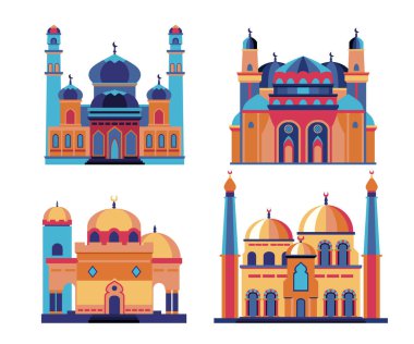 Ramazan Kareem Şablonu Kutlaması için Renkli Kubbe Cami Binası Koleksiyonu. İslami Mimari İnşaat Arapça Dekoratif Tebrik Kartı.