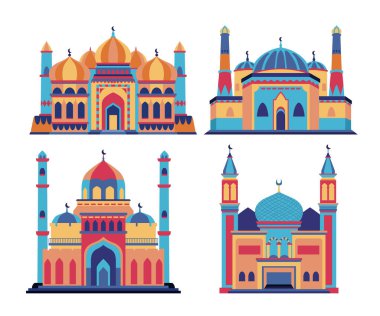 Ramazan Kareem Şablonu Kutlaması için Renkli Kubbe Cami Binası Koleksiyonu. İslami Mimari İnşaat Arapça Dekoratif Tebrik Kartı.