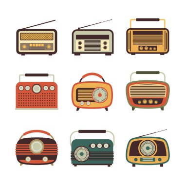 Klasik Radyo Seti Koleksiyonu. Eski Akortçu Klasik Son Yüzyıl Aygıtı. Ulusal Dünya Radyo Günü Simgesi. Beyaz arka planda izole edilmiş. Vektör İllüstrasyonu.