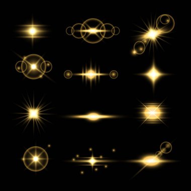 Optik Kamera Flaş Lens Fişek Işık Efekti Koleksiyon, parıltı, yıldırım parlaması, patlama, parıltı, güneş ışığı ve yıldızlar. Soyut özel efekt tasarımı. Şimşekle ışılda.