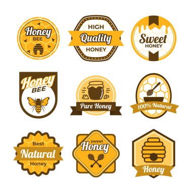 Bal Arısı Rozeti Koleksiyonu, Çiftlik Bal Arısı Damga Şablonu. Soyut Vektör Paketleme Tasarımı Düzeni. Arıcılık logosu, eski arı rozetleri..