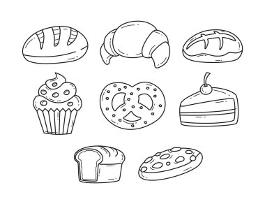 Fırın Nesneleri Ana Hattı Koleksiyonu, Fırın Elementleri Sanat Stili. Ekmek, kurabiye, kek. Pasta dükkanının amblemi tatlı yemek süslemesi için..