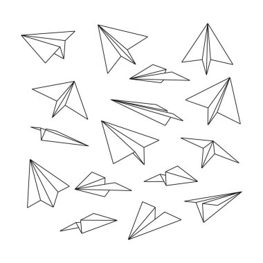 Saydam arka planda kağıt uçaklar taslak koleksiyonu. Kağıt uçak çizgisi sanatı, düz stil el yapımı Origami uçağı, izole arka planda uçak katlama kağıdı, vektör illüstrasyonu