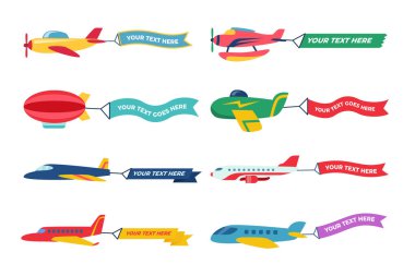 Flying Airplane Banner Set Koleksiyonu, Ağ pankartları ve basılabilir materyaller için reklam pankartları, boş mesaj reklamları ve metin şablonu reklamı, uçak reklamı