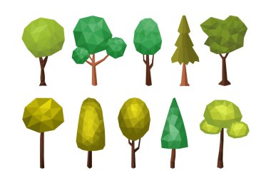 Polygonal Ağaçlar Koleksiyonu, Soyut stilize edilmiş geometrik düşük poli ağaçları, Yeşil doğa mevsimi bitkileri, Geometrik çokgen tarzı. 3D düşük yalan makinesi. Vektör İllüstrasyonu