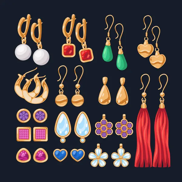 Boncuk küpeler koleksiyonu, değerli taşlı altın ya da gümüş aksesuarlar, papatya, elmas, kare, çiçek, değerli taş. Mücevher seti, güzellik kraliçesi modası için mükemmel. vektör illüstrasyonu
