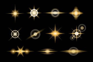 Optik Kamera Flaş Lens Fişeği Işık Efekti Koleksiyon, parıltı, yıldırım parlaması, patlama, parıltı, çizgi, güneş ışığı ve yıldızlar. Soyut özel efekt tasarımı. Şimşekle ışılda.