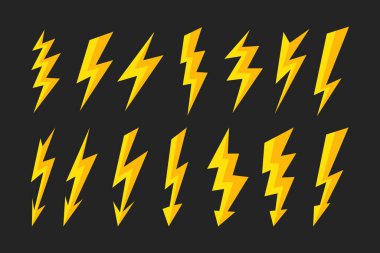 Siyah zemin üzerine Yıldırım Yıldırımı Koleksiyonu, elektrik çarpmaları, Yıldırım Simgesi, Yıldırım Durağı, Tehlike, Uyarı Enerji Gücü Yıldırımı. vektör illüstrasyonu