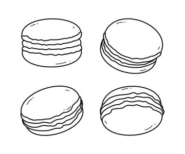 Makaronlar veya badem kurabiyeleri seti, badem kurabiyesi koleksiyonu, Fransız bisküvisi badem unu, restoran ve fırın kafesi pastacı, ekmek dükkanı, tatlı. çizgi film vektör koleksiyonu
