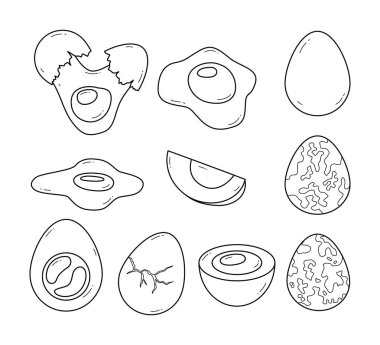 Taze ve haşlanmış yumurta dizisi koleksiyonu. Sanat eseri, kırık yumurta, sahanda yumurta sarısı, bıldırcın, açık yumurta, yumurta kabuğu, güneşli taraf ve siyah arka planda izole edilmiş haşlanmış yumurta..