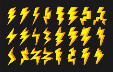 Siyah zemin üzerine Yıldırım Yıldırımı Koleksiyonu, elektrik çarpmaları, Yıldırım Simgesi, Yıldırım Durağı, Tehlike, Uyarı Enerji Gücü Yıldırımı. vektör illüstrasyonu