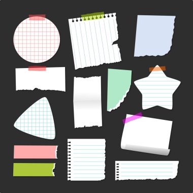 Kağıt notlar, çıkartmalar, yapışkan kağıtlar ve bant seti, yapılacaklar listesi, notlar, not defterleri ve yırtık kağıt kağıtlar, yırtılmış ve yırtılmış kağıt, kağıt yapıştırıcı bant