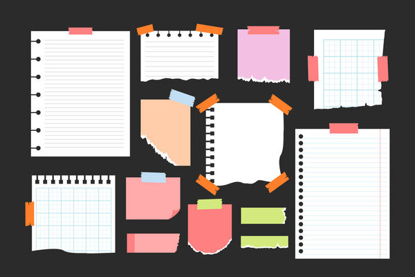 Set of Paper notes, stickers, sticky sheets and tape set collection, set of blank to do list, memo messages, notepads and torn paper sheets, torn and ripped paper, Note Paper Adhesive Tape