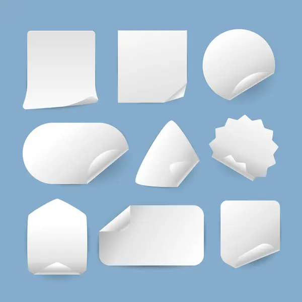 Gerçekçi beyaz kağıt yapıştırma seti, katlanmış koleksiyon, farklı şekillerde yapıştırma, yuvarlak, oval, kare, dikdörtgen, altıgen şekilli. Vektör İllüstrasyonu
