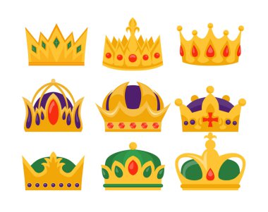 Altın taç koleksiyonu, taç seti, kral ve prensesin altın kraliyet mücevheri sembolü, beyaz arka planda izole edilmiş kraliyet mücevherleri, kral ve kraliçenin başlığı, asil aristokrat monarşisi..