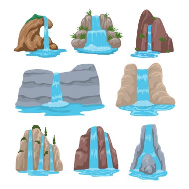 Çizgi film şelale seti koleksiyonu, doğal su akışı dağ uçurumu güzel nehir taşması, tropikal doğa akışı beyaz arka planda yeşil çimenler olan panorama manzarası..