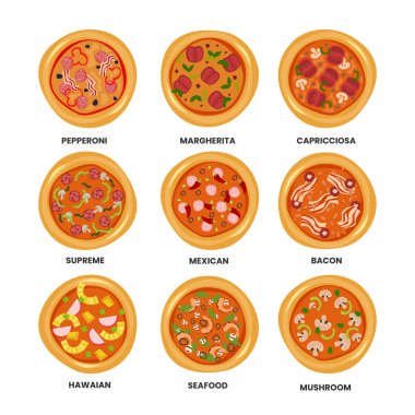 Pizza tipleri, bir çeşit pizza. Pizza türleri, farklı dolgu tipleri, İtalyan fast food, yuvarlak hamurlu pasta, domates sosu, peynir, sebze ve et, tam pepperoni margherita ve carbonara..